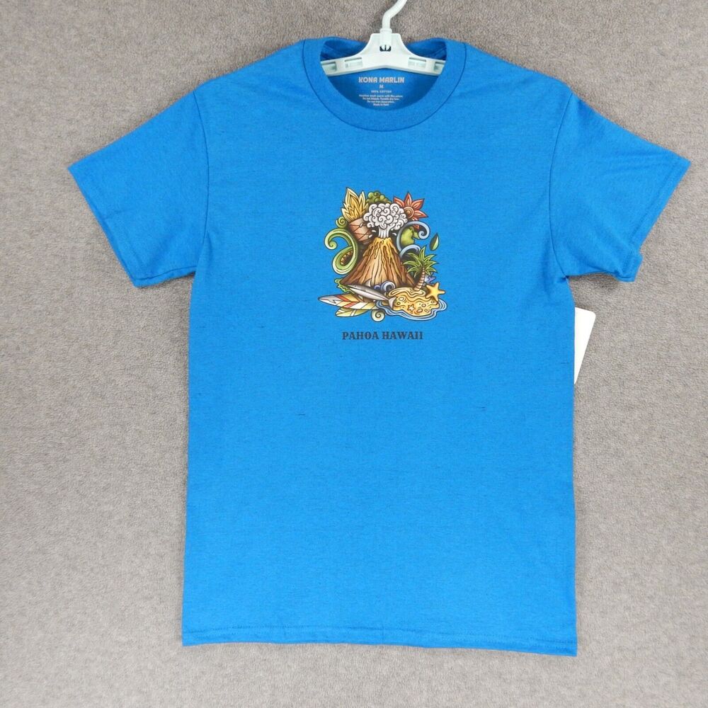 Pahoa Hawaii Mens TShirt Medium Blue Volcano Tropical Big Island Kona Marlin